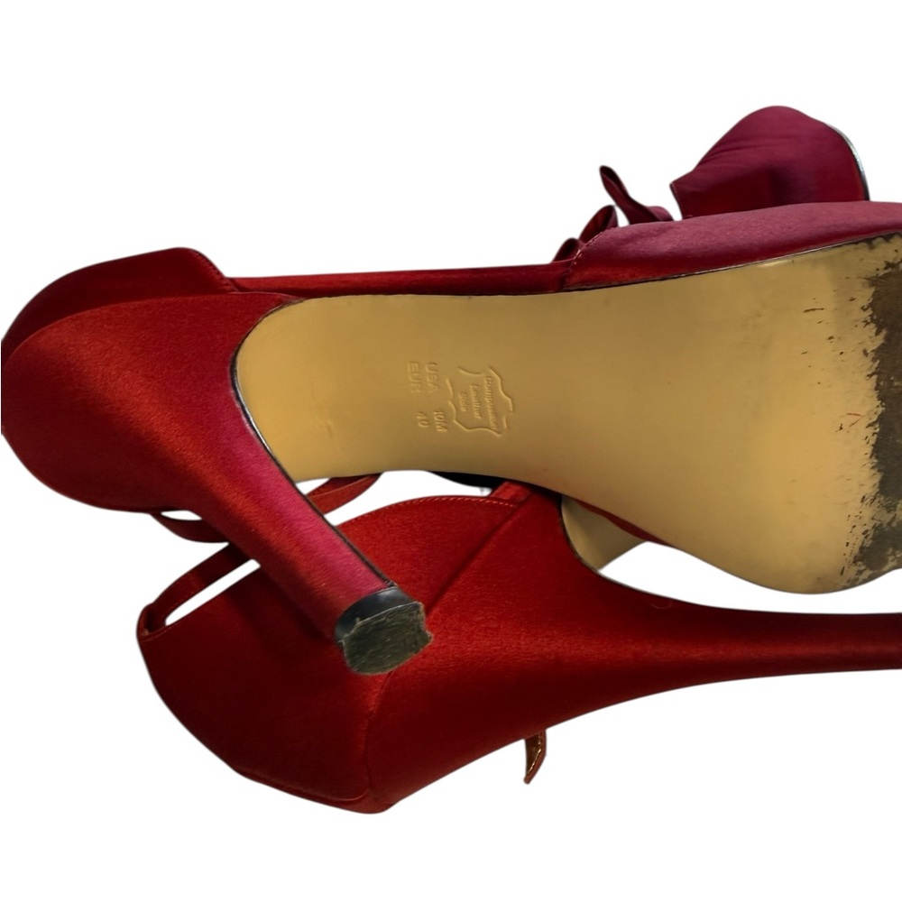 Nina New York Red Satin Ruffle Peep Toe D'Orsay Heels Pumps Size 10M Holiday - Picture 8 of 11